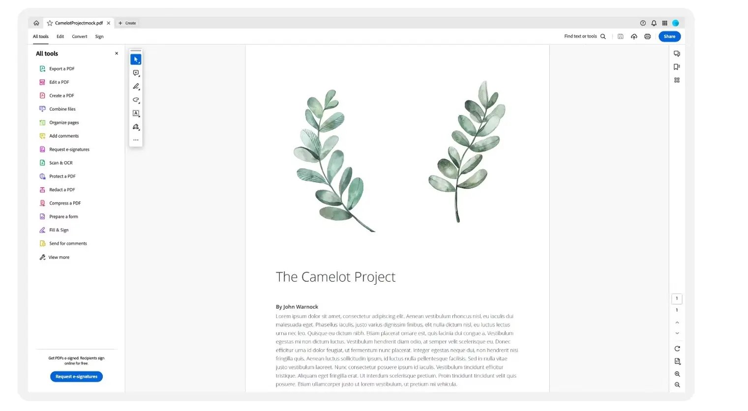 Adobe Acrobat Reader for viewing and commenting app tools user interface