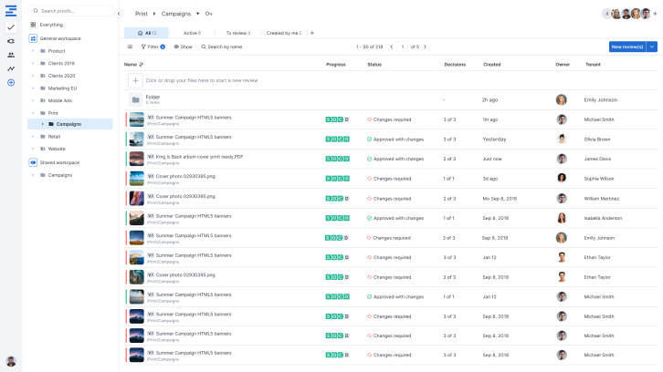 Centralized tracking and management - Ziflow main dashboard layout with folders and proofs list
