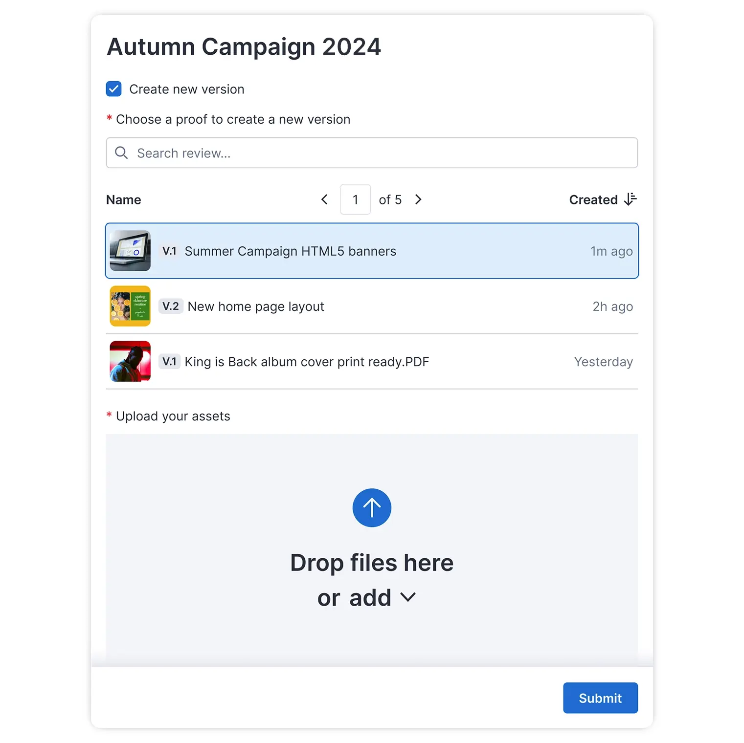 Creative intake form with Autumn Campaign 2024 assets to upload