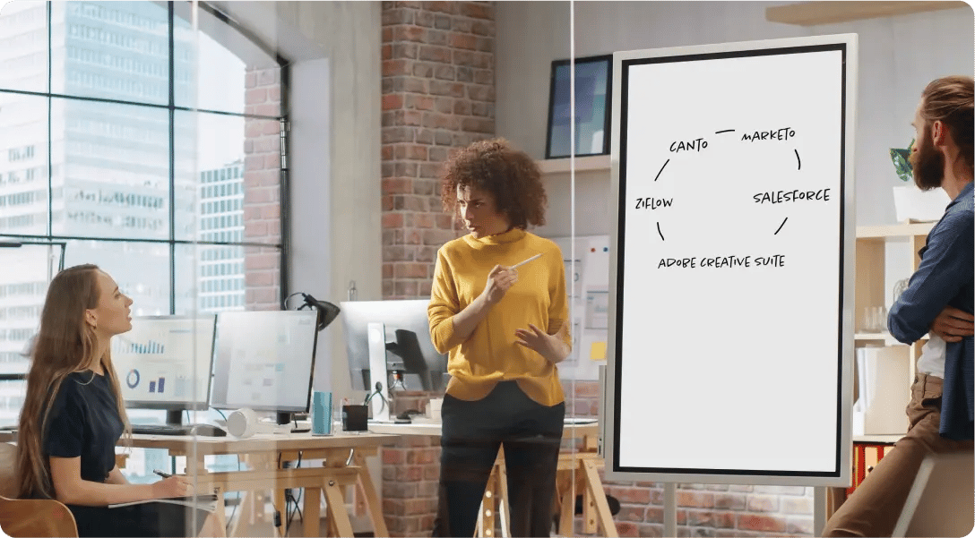 Creative team with a whiteboard discussing concepts