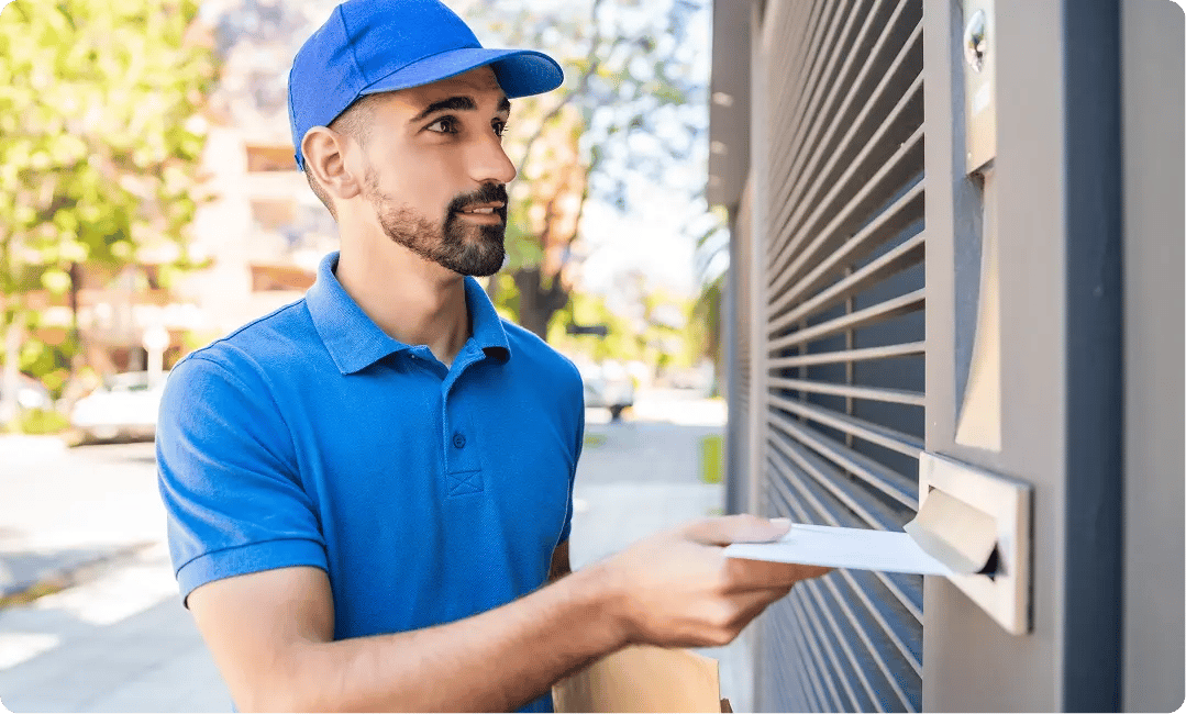 Delivery man passing letter through the door