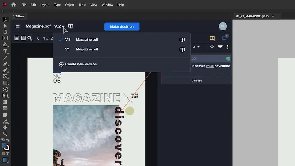 Documents and magazine proofing on print files in Ziflow - Version history selection dropdown