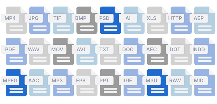 File icons with different formats - tif, bmp, psd, ai, xls, http, aep, pdf, wav, mov etc