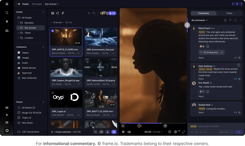 Frame.io main dashboard layout with a video content being proofed and commented on