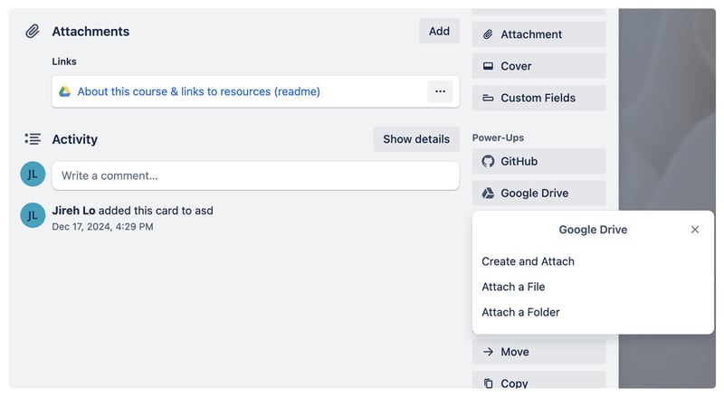Google Drive Power-up integration with Trello screenshot