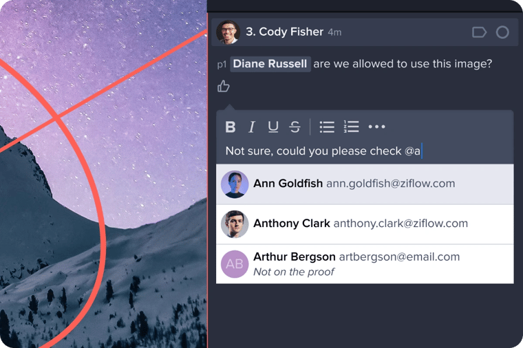 Grab the attention of teammates, clients or reviewers by commenting proofs