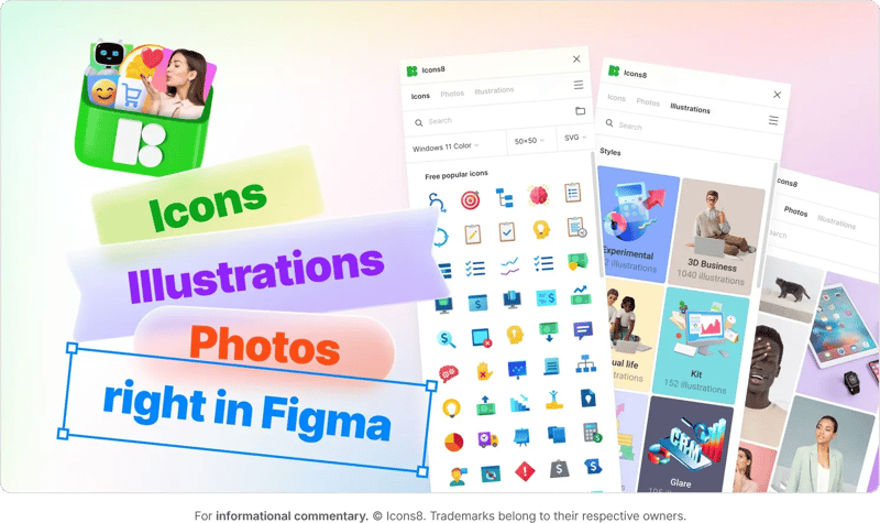 Icons8 Figma plugin, a library of graphics to add to UX and UI designs