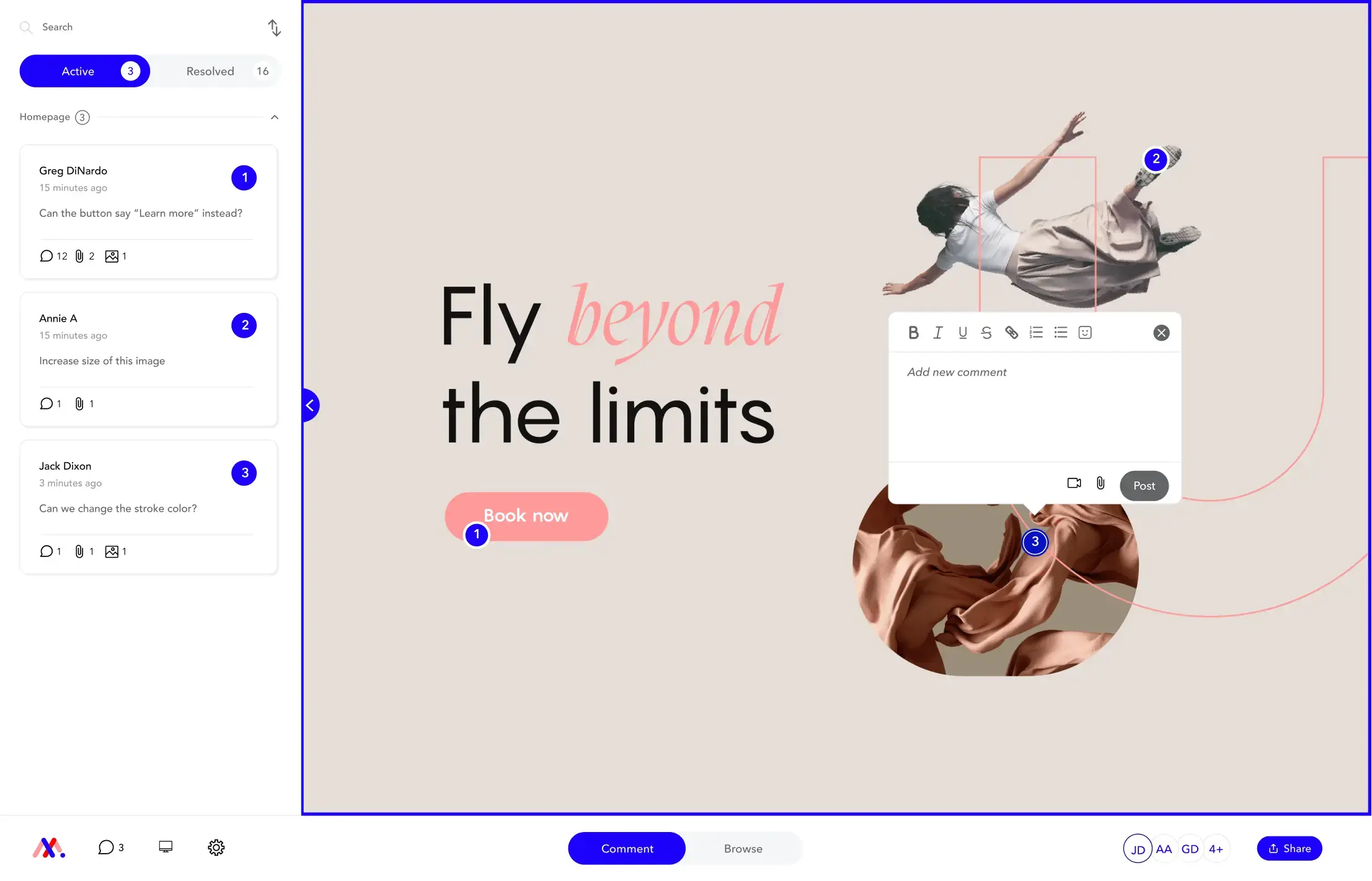 Markup.io main dashboard with content being reviewed