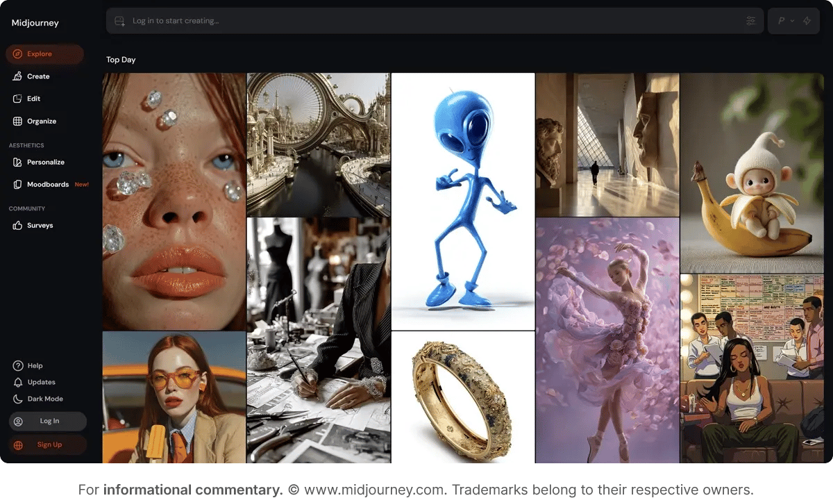 Midjourney app UI with generated image content and sidebar options