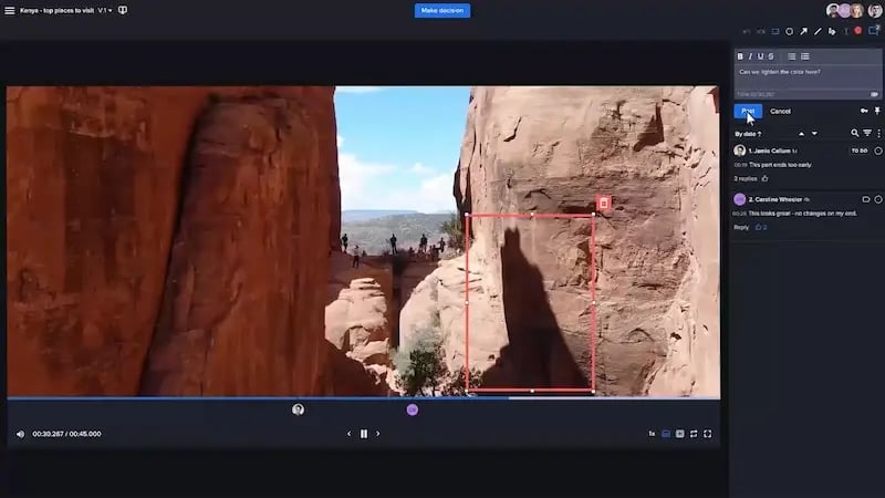Mountain hiking footage with markup, hightlight tool of Ziflow and comment posting