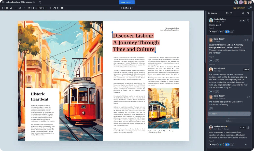 Newspaper creative content with a tram and the city being reviewed in a proof viewer