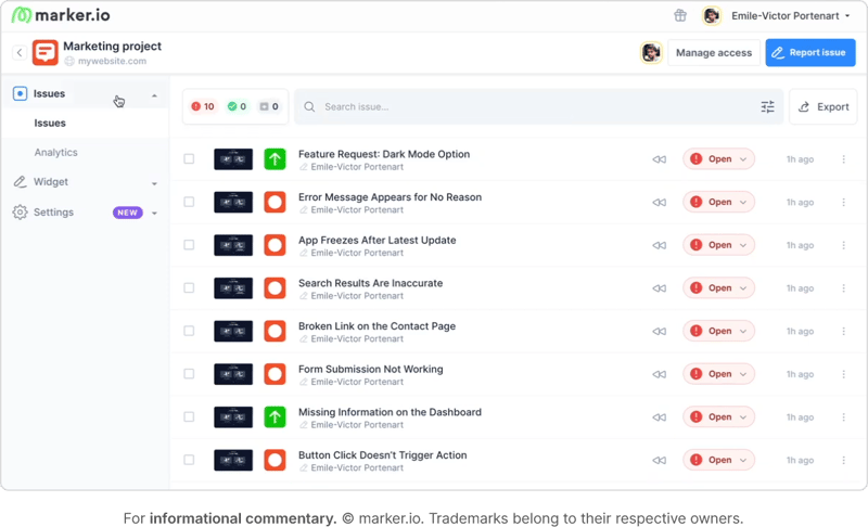 Online web projects annotating software marker.io with comments sidebar section