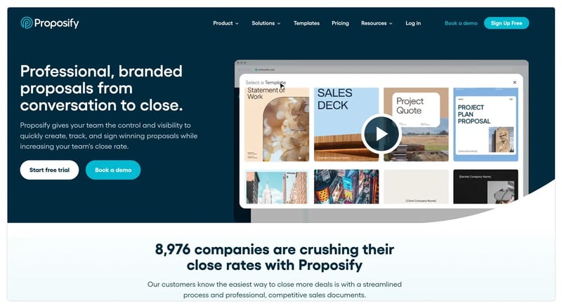 Proposify professional, branded proposals from conversation to close homepage