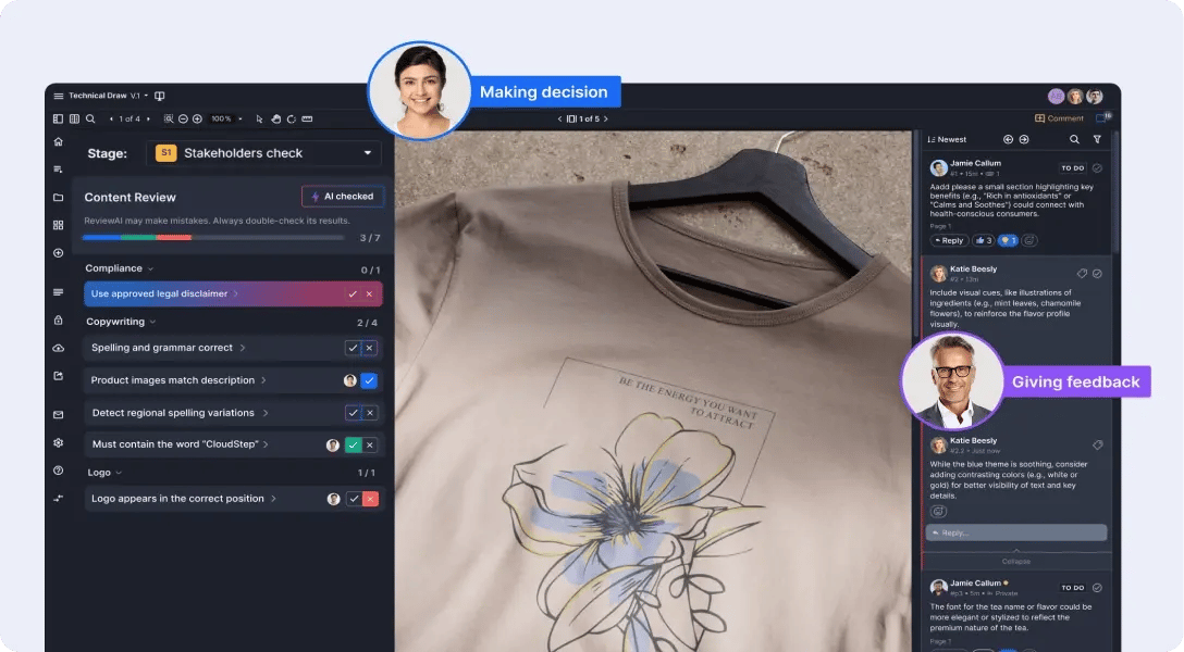 ReviewAI checklist feature in Ziflow proof viewer with comments section for Custom Apparel companies