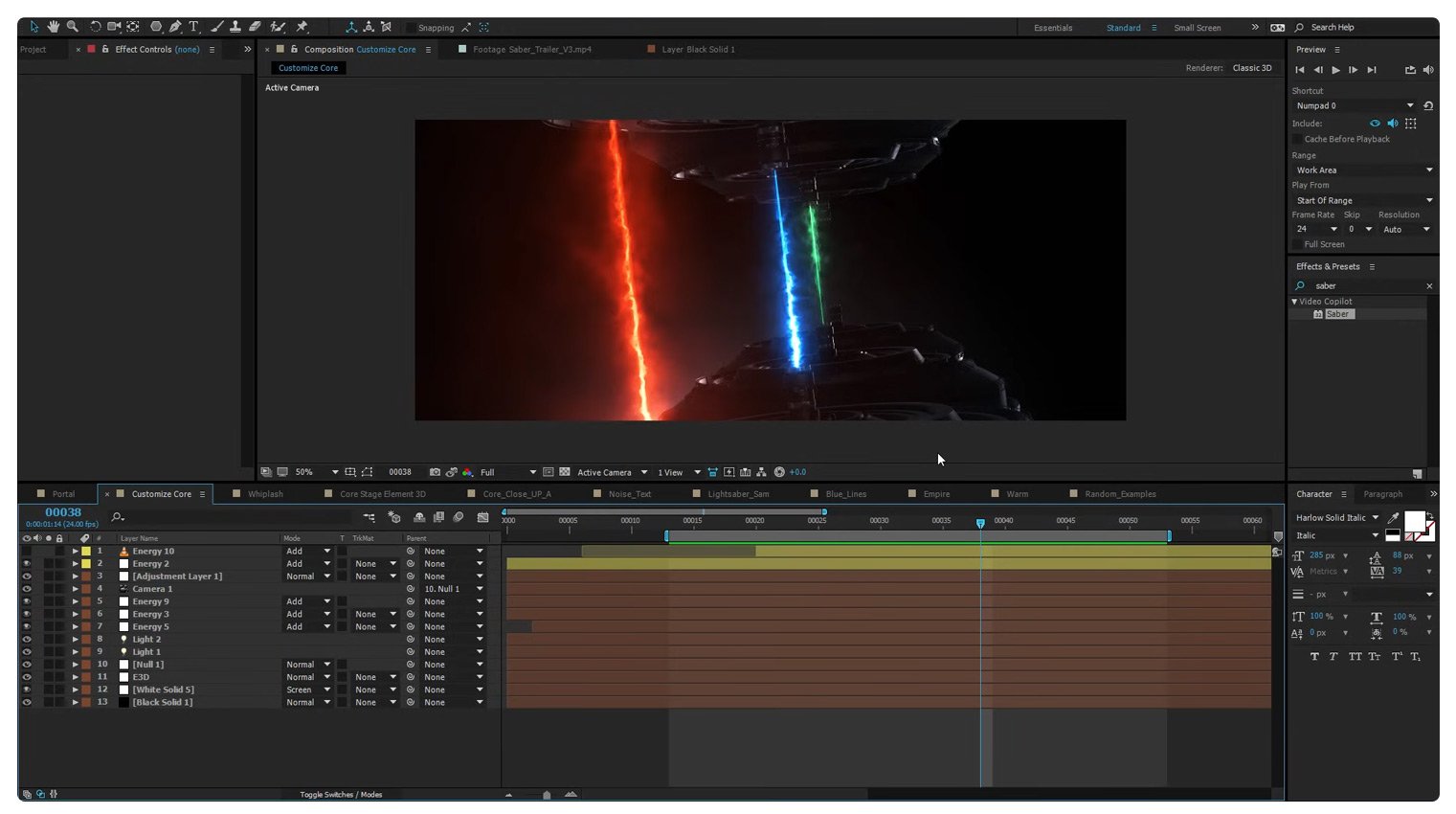Saber versatile plugin from Video Coplito for energy-based effects production