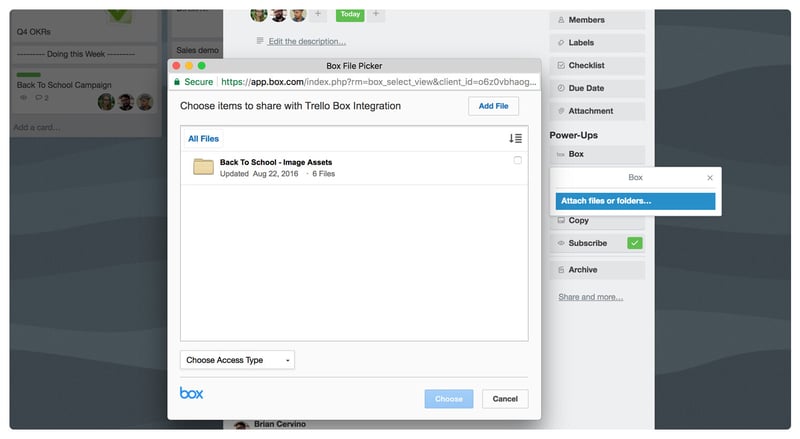 Screenshot of Box Power-up cloud storage solution integration with Trello