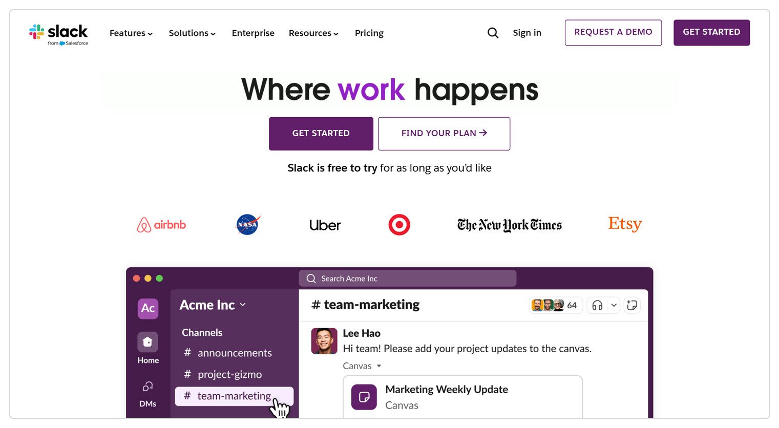 Slack where work happens landing page