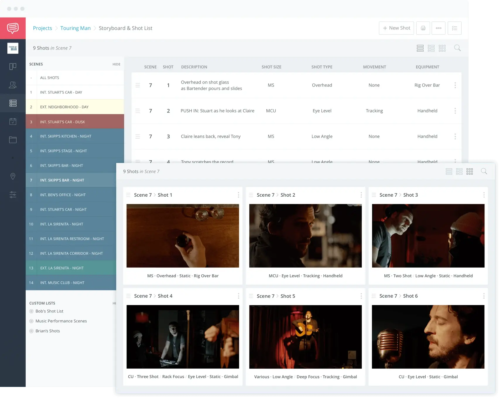 StudioBinder video shots breakdown list grid with folders view