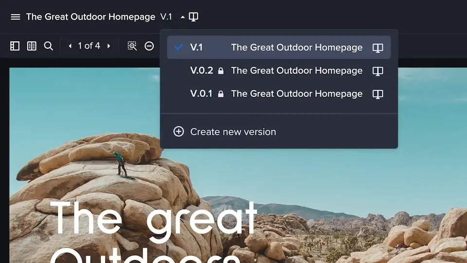 Version history dropdown choice select in Ziflow in a proof viewer - The great outdoors travel campaign