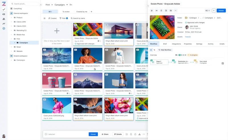 Ziflow user interface with proofs grid list and proof details being displayed on the right sidebar