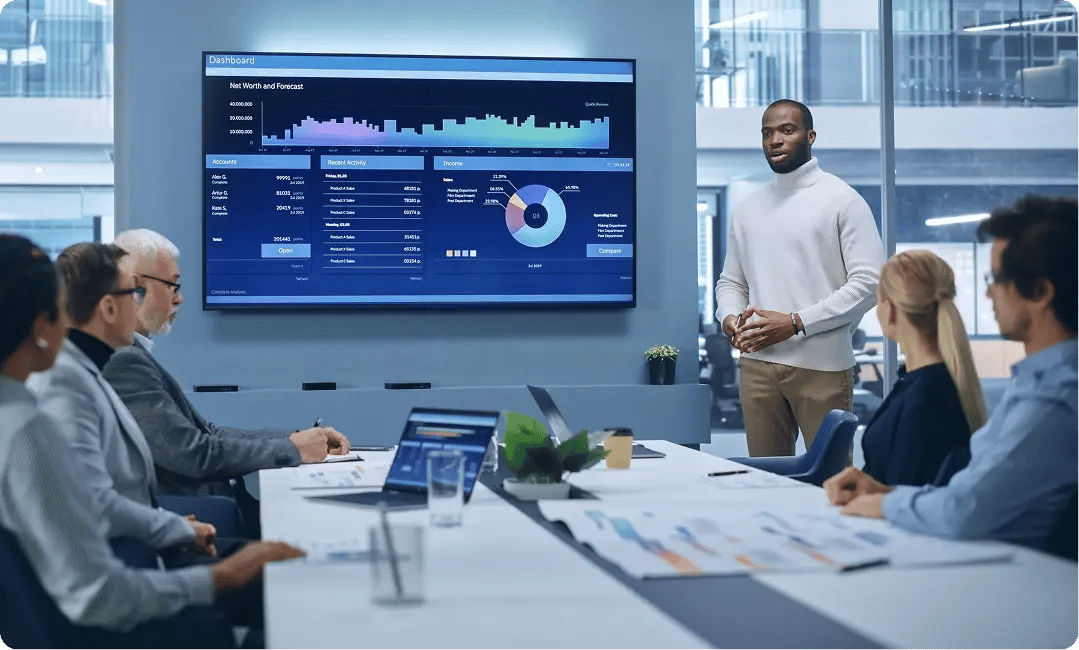 Banking team reviewing financial data during a collaborative meeting