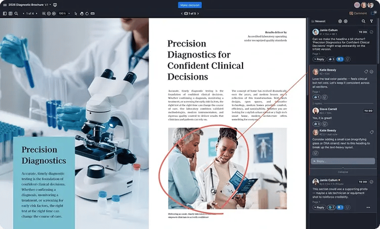 Ziflow dashboard showing collaborative review and comments on a diagnostics brochure.