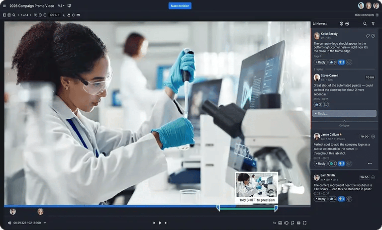 Ziflow dashboard showing frame-accurate feedback on a biotech campaign video.