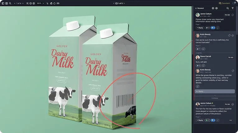 Darey Brands reviewing dairy packaging artwork and feedback in Ziflow