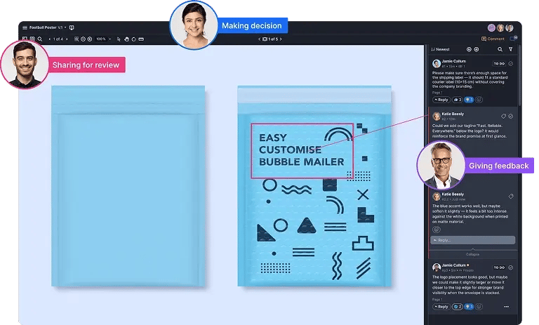 Ziflow review interface showing feedback and approval on DynamiCard packaging artwork