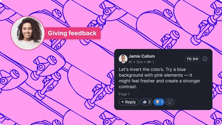 NHS Skateboarding company proof - Ziflow review interface showing feedback on a skateboard-themed creative asset