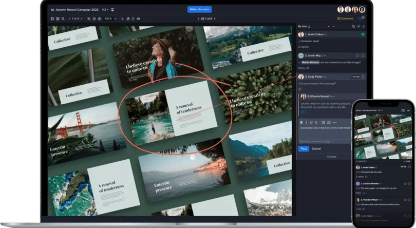 Ziflow UI, markup tool and mobile device next to it