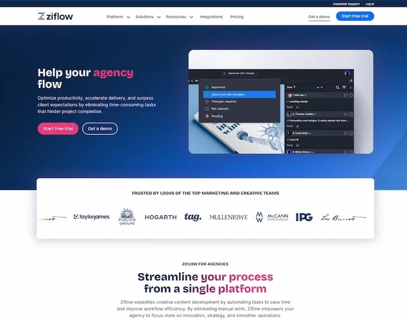 Ziflow for agencies website page with a header with video