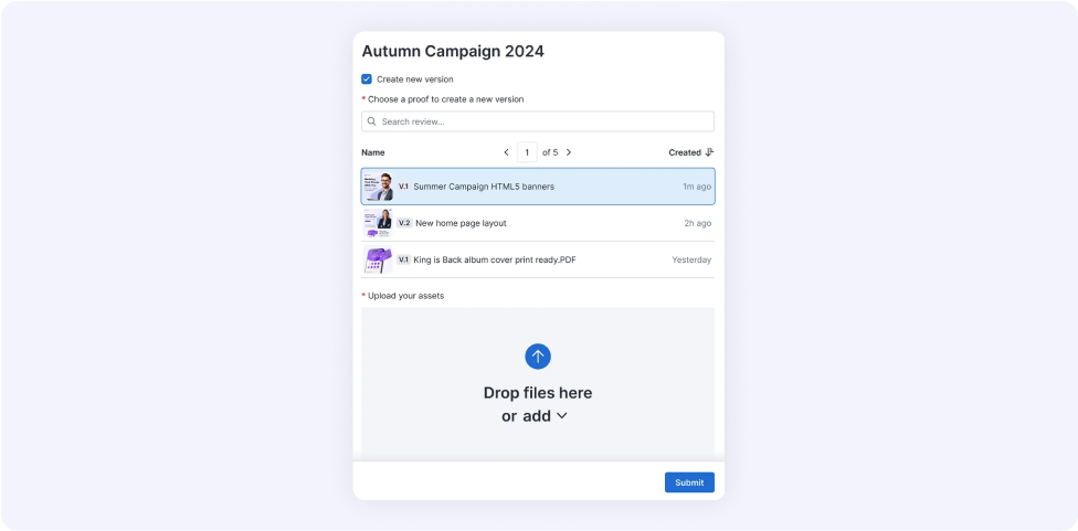 Ziflow intake form user interface with dropdown file field