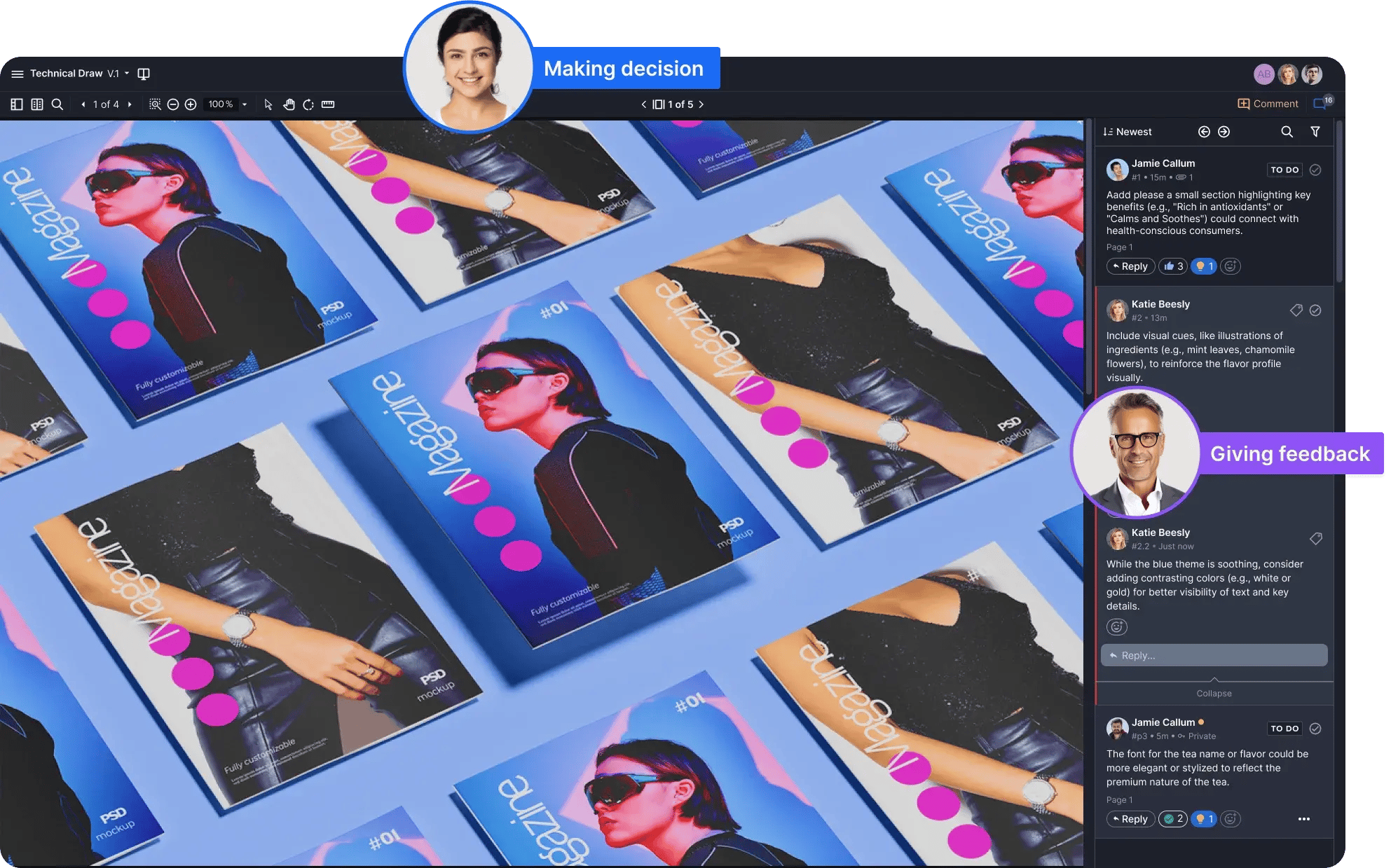 Ziflow main user interface dashboard of a proof viewer funcionality with comments and feedback section
