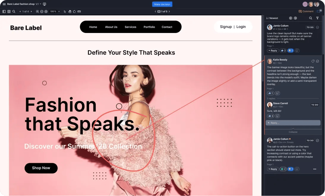 Ziflow proof viewer layout with comments section and retail company creative content-1