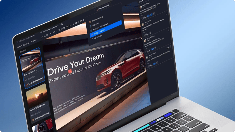 Ziflow proofs list and proof details sidebar displayed on a screen of a laptop in isometric view