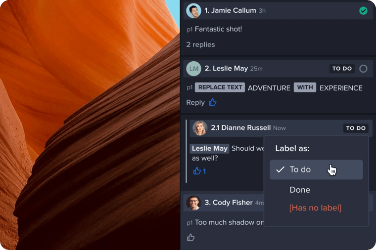 organize replies and comments label as to do, done or has no label comments section