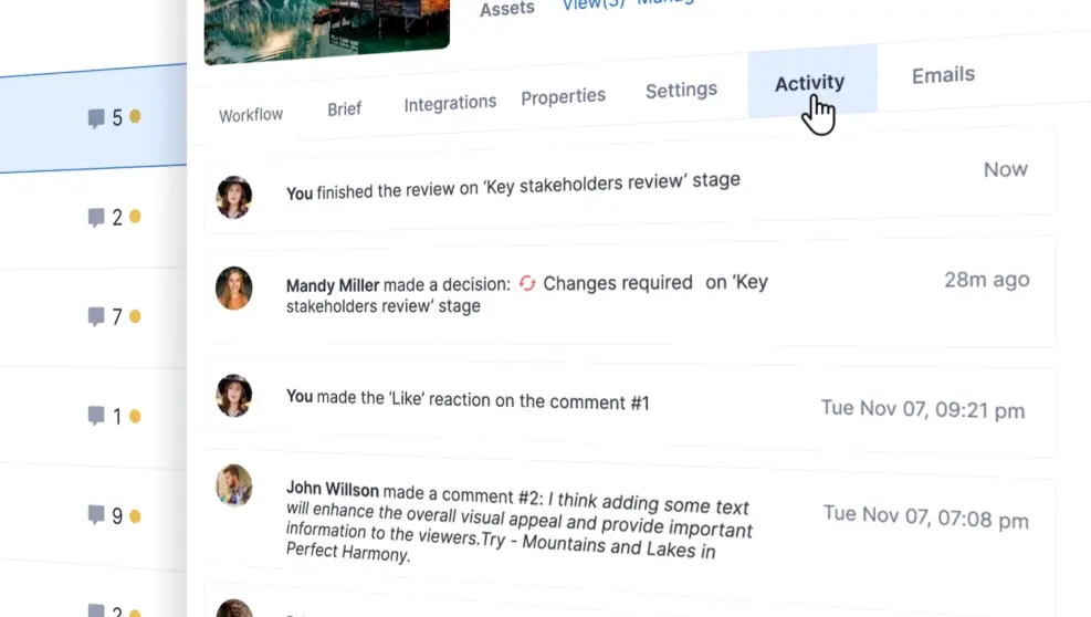 Built-in audit trails of Ziflow, activity tab of a proof details
