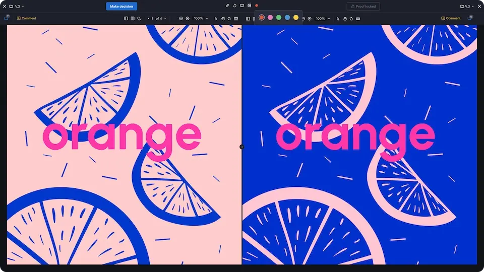 Orange creative work versions being compared in Ziflow proof viewer