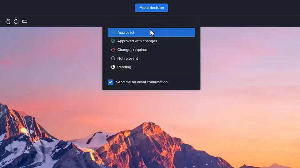Seamless collaboration for photographers - Decision making Approved dropdown on a mountain landscape view photo