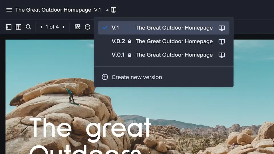 Version history dropdown choice select in Ziflow in a proof viewer - The great outdoors travel campaign