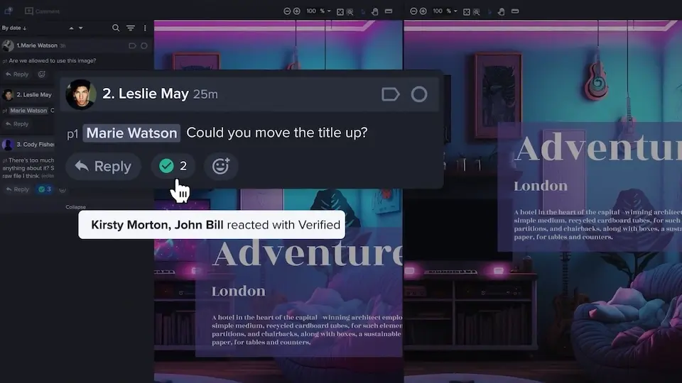 Ziflow proof viewer with adventure room project review and Verified reaction choice under the comment